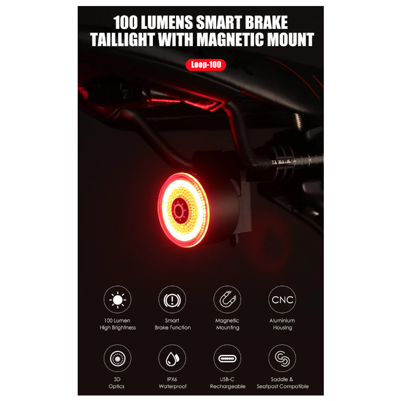 Gaciron LOOP-100 Luz Trasera Magnética para Sillín Alta Luminosidad Aluminio con Sensor de Freno Seguridad Ciclismo