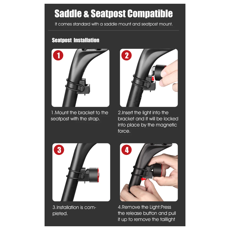 Gaciron LOOP-100 Luz Trasera Magnética para Sillín Alta Luminosidad Aluminio con Sensor de Freno Seguridad Ciclismo
