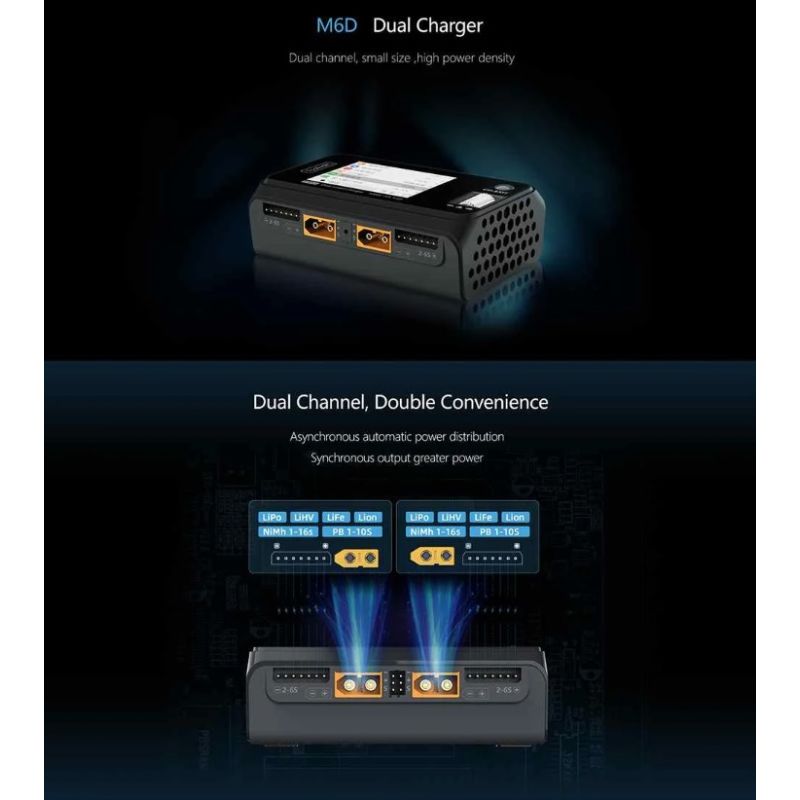 Cargador Inteligente MINI ToolkitRC M6D Doble Canal 500W 15A DC para baterías LiPo NiMh Carga Eficiente