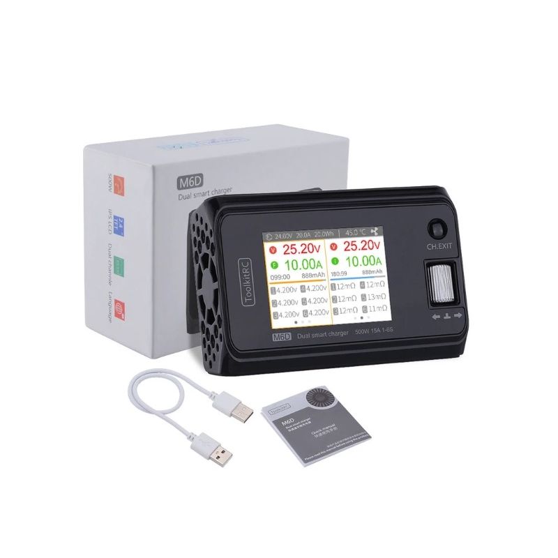 Cargador Inteligente MINI ToolkitRC M6D Doble Canal 500W 15A DC para baterías LiPo NiMh Carga Eficiente