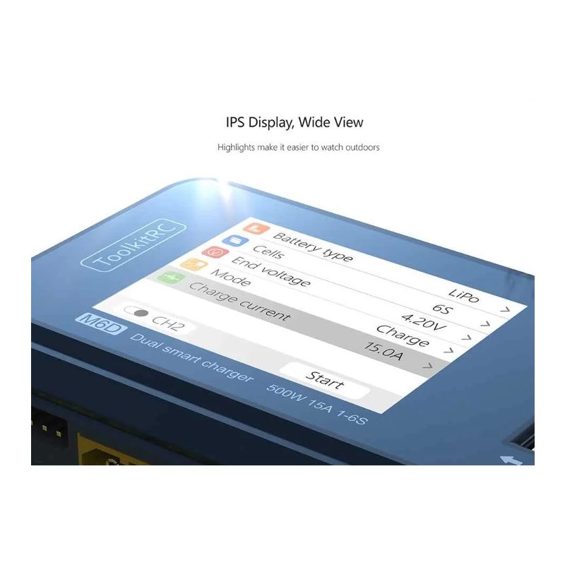 Cargador Inteligente MINI ToolkitRC M6D Doble Canal 500W 15A DC para baterías LiPo NiMh Carga Eficiente