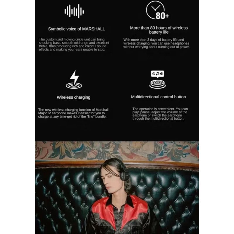 Marshall Major IV Auriculares Inalámbricos Bluetooth Sonido de Firma y Carga Inalámbrica para Entusiastas Música
