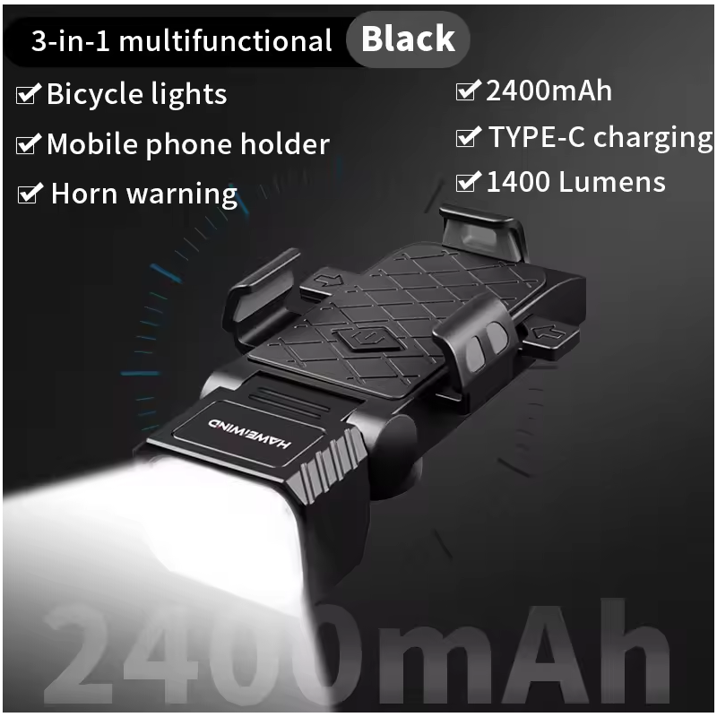Luz Delantera Bicicleta Multifuncional 3 en 1: Bocina, Porta Celular. Seguridad Ciclismo Carga USB-C.