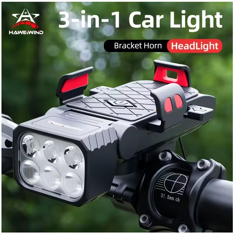 Luz Delantera Bicicleta Multifuncional 3 en 1: Bocina, Porta Celular. Seguridad Ciclismo Carga USB-C.