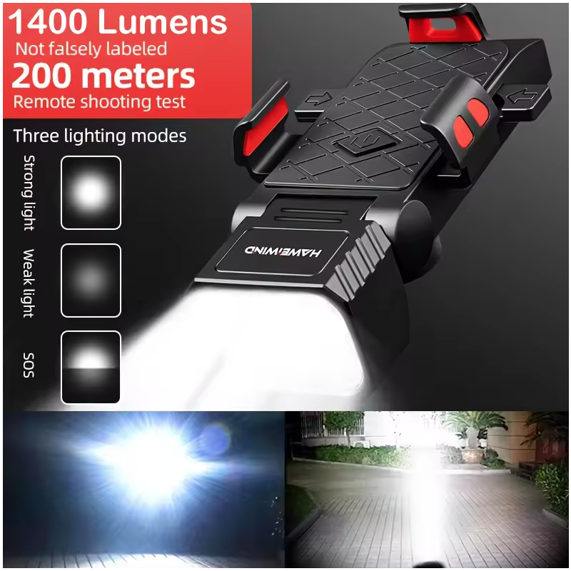 Luz Delantera Bicicleta Multifuncional 3 en 1: Bocina, Porta Celular. Seguridad Ciclismo Carga USB-C.