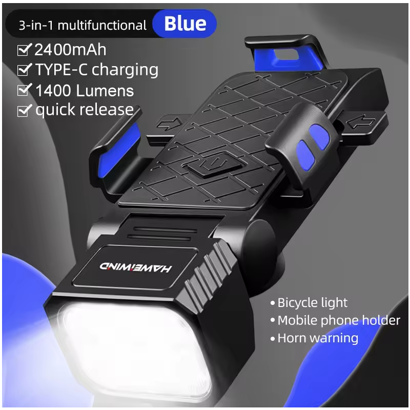 Luz Delantera Bicicleta Multifuncional 3 en 1: Bocina, Porta Celular. Seguridad Ciclismo Carga USB-C.