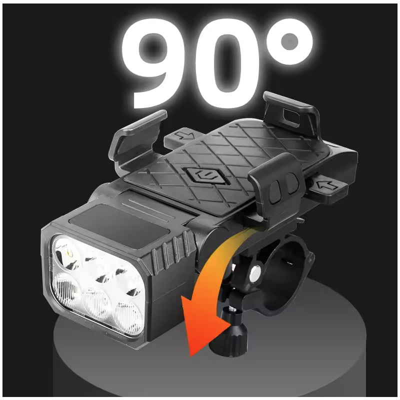 Luz Delantera Bicicleta Multifuncional 3 en 1: Bocina, Porta Celular. Seguridad Ciclismo Carga USB-C.