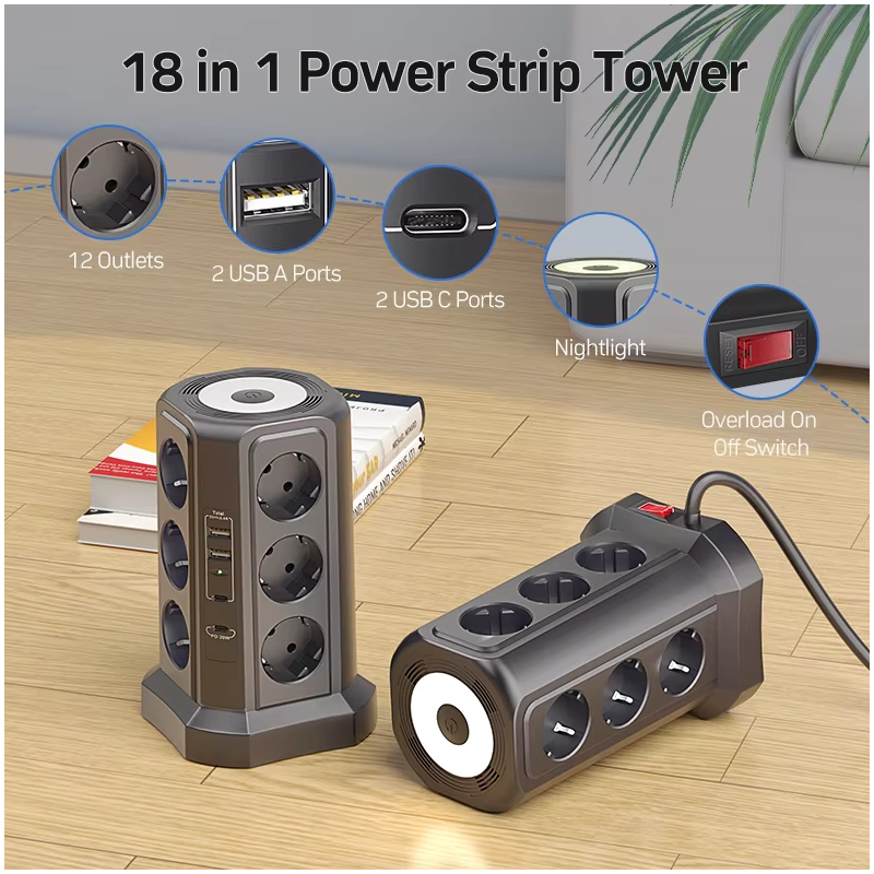 Regleta Multitoma XT-G3211 4000W 16A con Cargador USB y Luz Nocturna | Protección Sobretensión EU