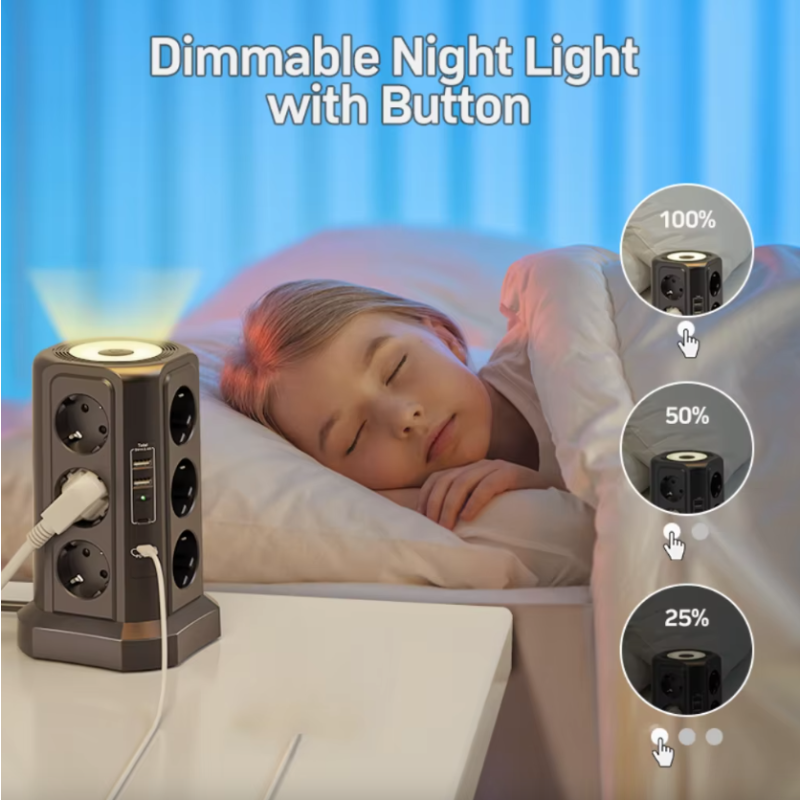 Regleta Multitoma XT-G3211 4000W 16A con Cargador USB y Luz Nocturna | Protección Sobretensión EU