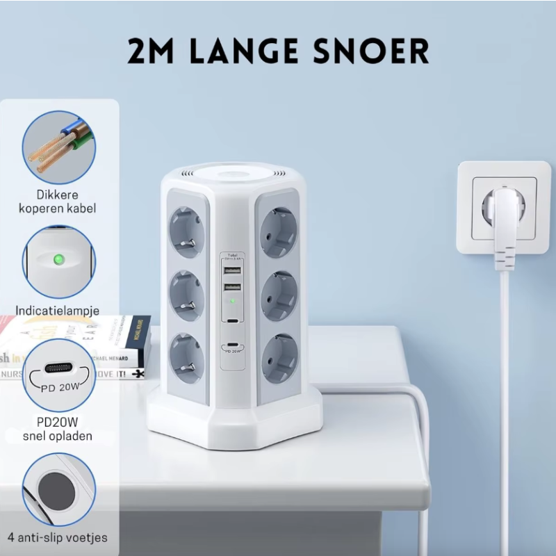 Regleta Multitoma XT-G3211 4000W 16A con Cargador USB y Luz Nocturna | Protección Sobretensión EU