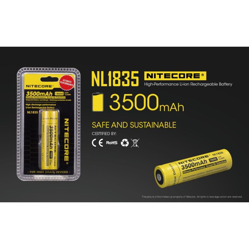 Batería Nitecore 18650 NL1835 3500mAh Recargable Li-ion para Dispositivos Electrónicos y Linternas 3.6V