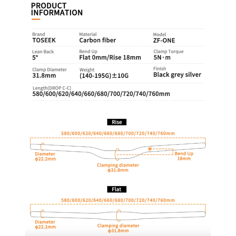 Manillar de bicicleta TOSEEK ZF-ONE MTB completo en fibra de carbono 31.8mm negro mate opción 580 a 760mm