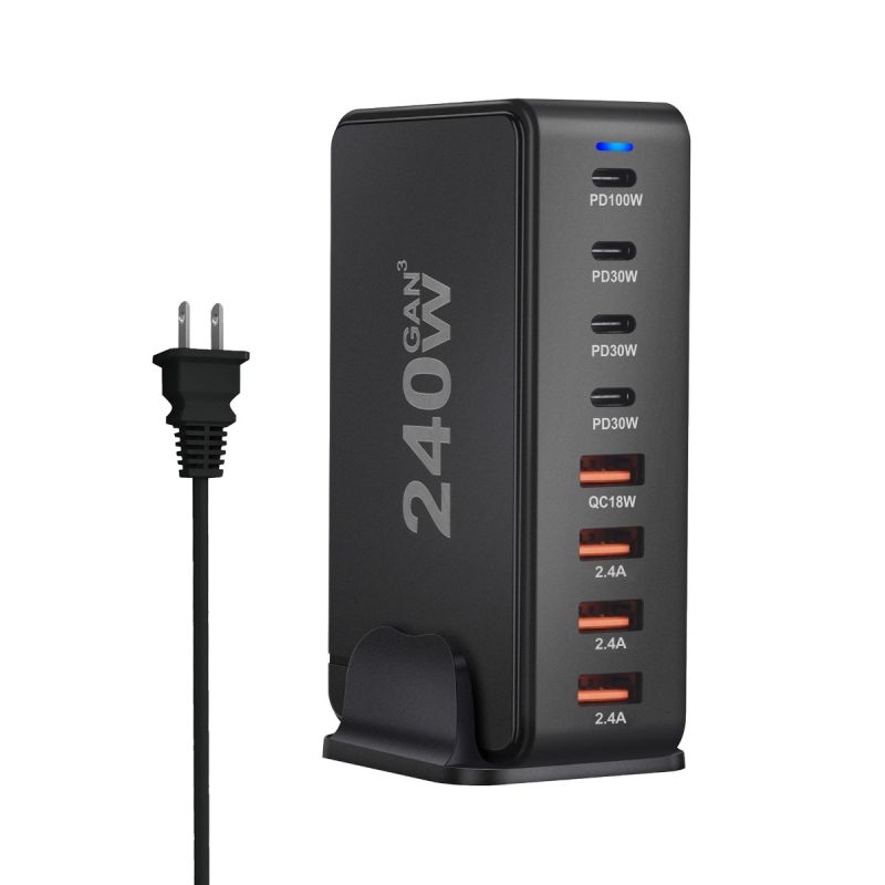 Cargador GaN de escritorio 240W USB tipo C de 8 puertos carga rápida para múltiples dispositivos y laptops