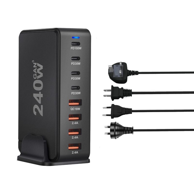 Cargador GaN de escritorio 240W USB tipo C de 8 puertos carga rápida para múltiples dispositivos y laptops
