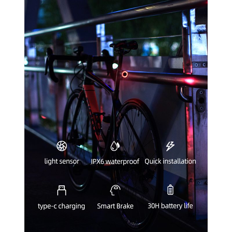 Luz trasera ROCKBROS Q3 para ciclismo nocturno luz LED con sensor de freno inteligente MTB impermeable IPX6