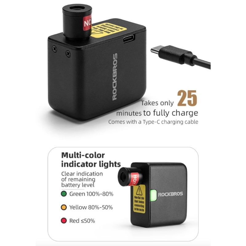 ROCKBROS bomba ligera inflador portátil 100PSI para bicicleta coche motocicleta diseño compacto y recargable
