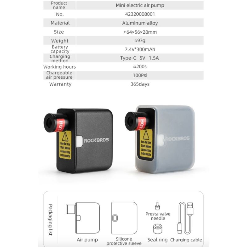 ROCKBROS bomba ligera inflador portátil 100PSI para bicicleta coche motocicleta diseño compacto y recargable