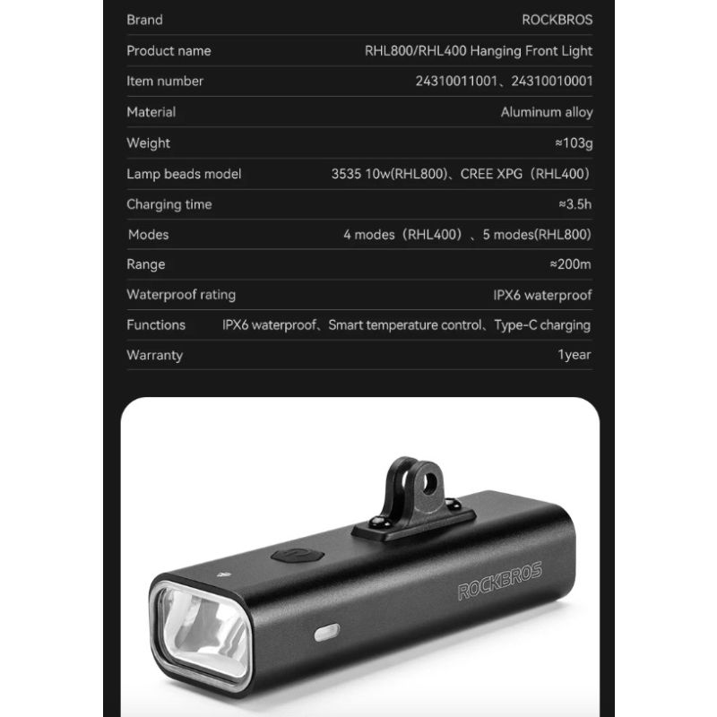 Luz delantera ROCKBROS RHL-1000LUMEN impermeable tipo C ciclismo nocturno LED 1000 lúmenes alta visibilidad