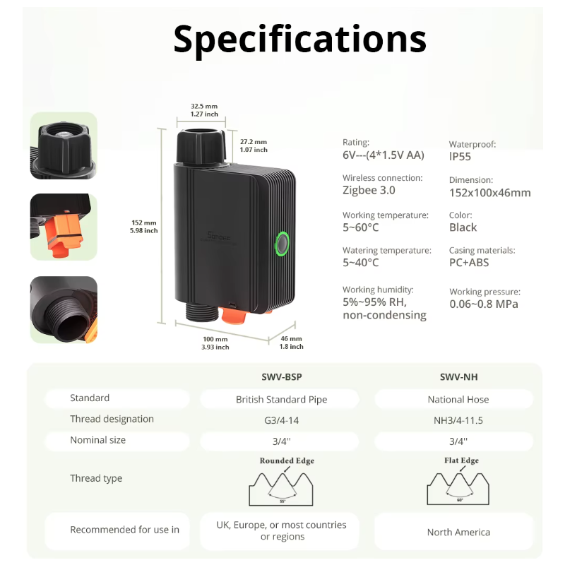 Válvula de Agua Inteligente SONOFF SWV Zigbee 3.0 Riego Automático Alexa Google Control por Smartphone IP55