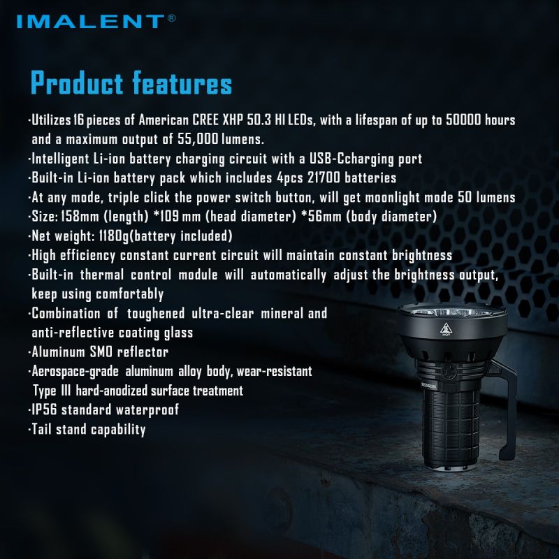IMALENT SR16 | Linterna LED 55000 Lúmenes, 1715m | Largo Alcance para Rescate y Aire Libre