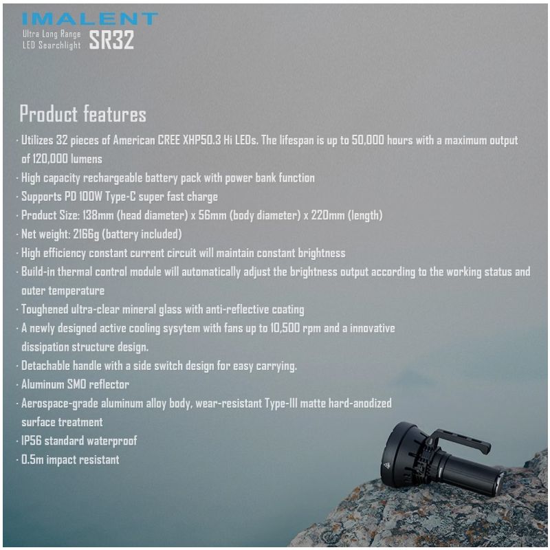 Linterna potente IMALENT SR32 con 120000 lúmenes linterna LED para iluminación aventura y emergencia exterior
