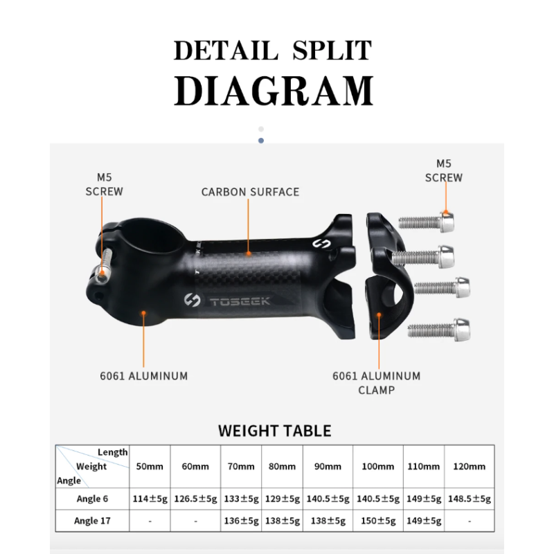 Vástago de Manillar TOSEEK 31.8mm Aluminio y Carbono Ángulo Ajustable Ligero Accesorios MTB Ciclismo Montaña