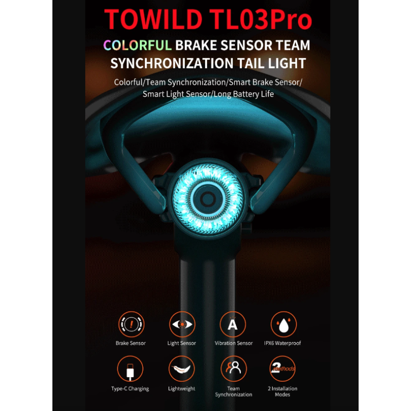 Luz trasera LED TOWILD TL03Pro visibilidad ciclismo con sensor freno inteligente y destello siete colores