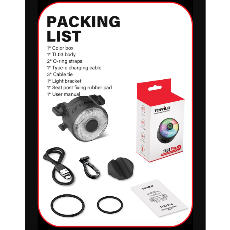 Luz trasera LED TOWILD TL03Pro visibilidad ciclismo con sensor freno inteligente y destello siete colores