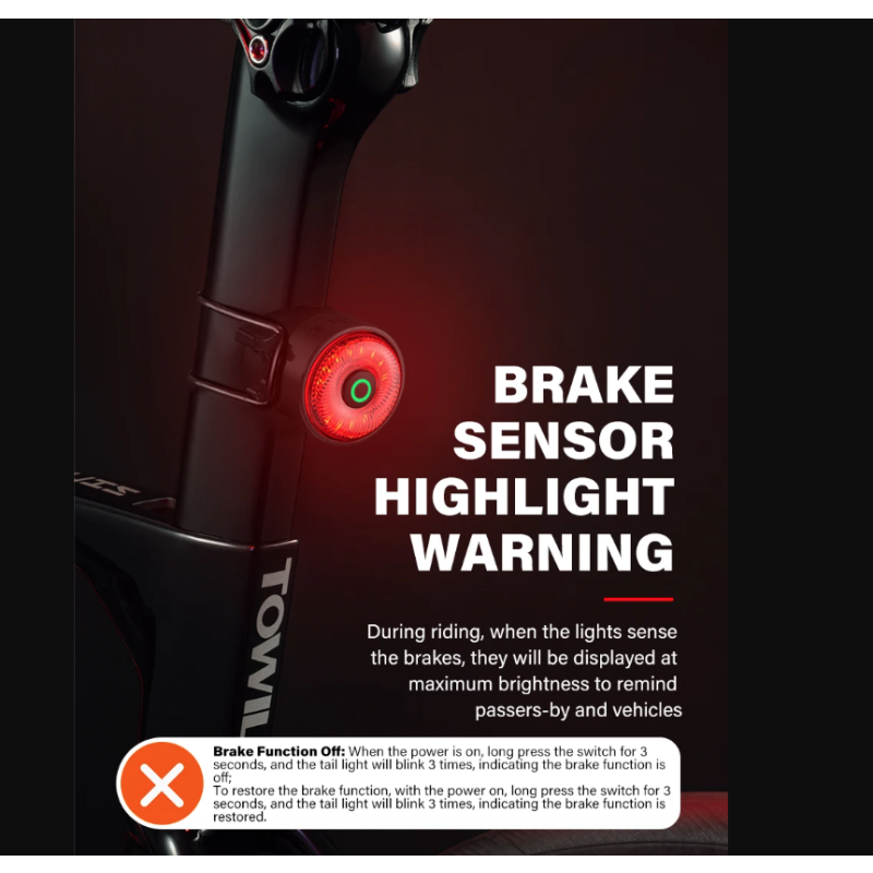 Luz trasera LED TOWILD TL03Pro visibilidad ciclismo con sensor freno inteligente y destello siete colores
