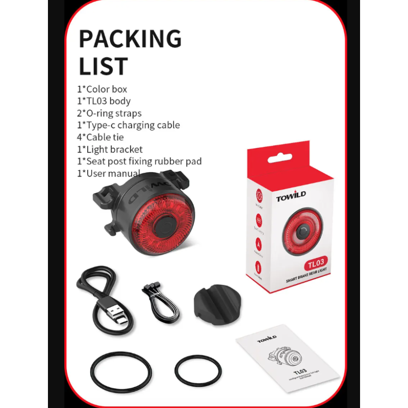 Luz trasera inteligente para bicicleta TOWILD TL03 con sensor de freno automático y modos de flash versátiles