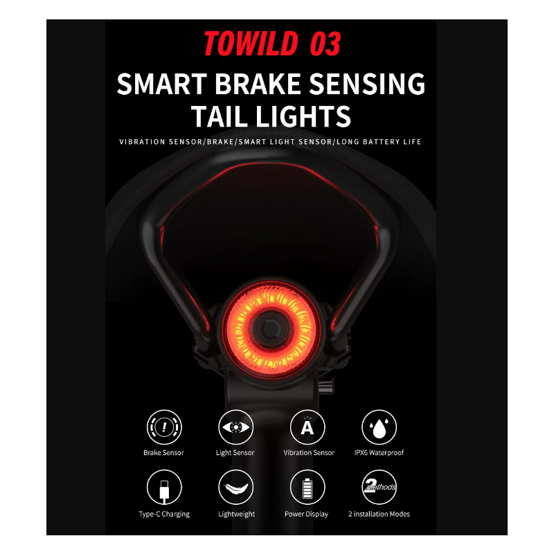 Luz trasera inteligente para bicicleta TOWILD TL03 con sensor de freno automático y modos de flash versátiles
