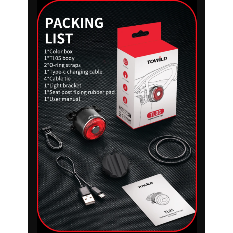 Luz trasera TOWILD TL05 con sensor de freno automático luz de bicicleta impermeable IPX6 carga USB LED 100 horas