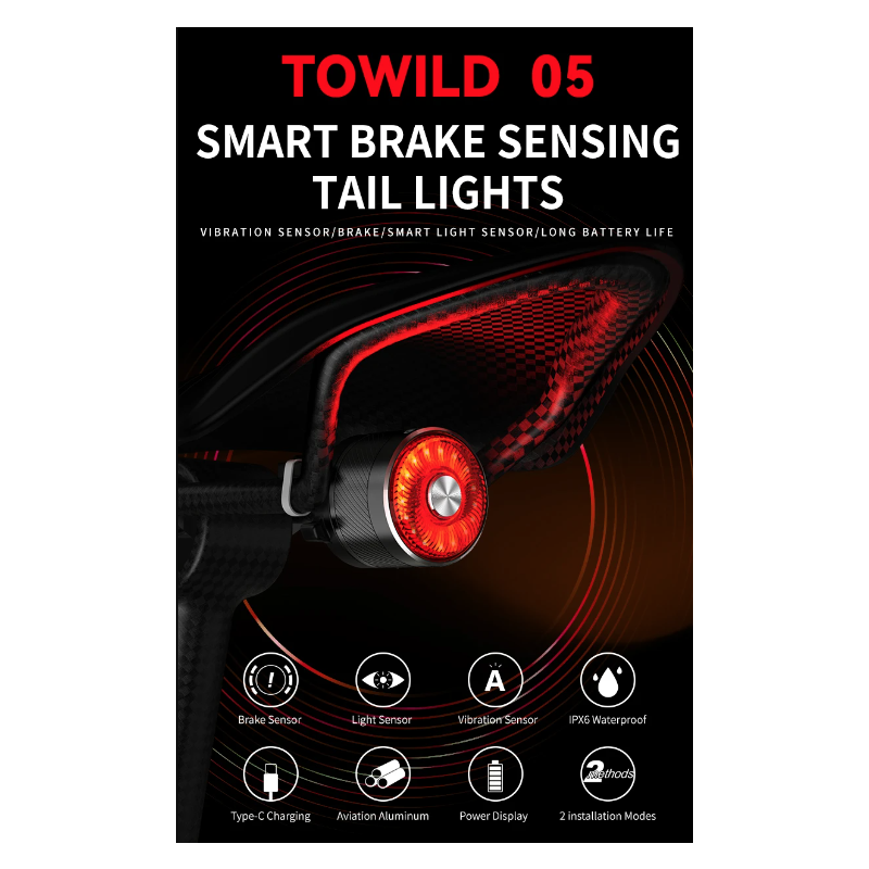 Luz trasera TOWILD TL05 con sensor de freno automático luz de bicicleta impermeable IPX6 carga USB LED 100 horas