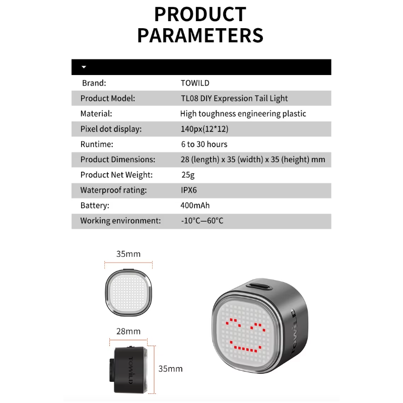 TOWILD TL08 Luz Trasera Bicicleta Inteligente con Patrones Personalizados y GIFs, USB-C Recargable, Sensor Freno, IPX6
