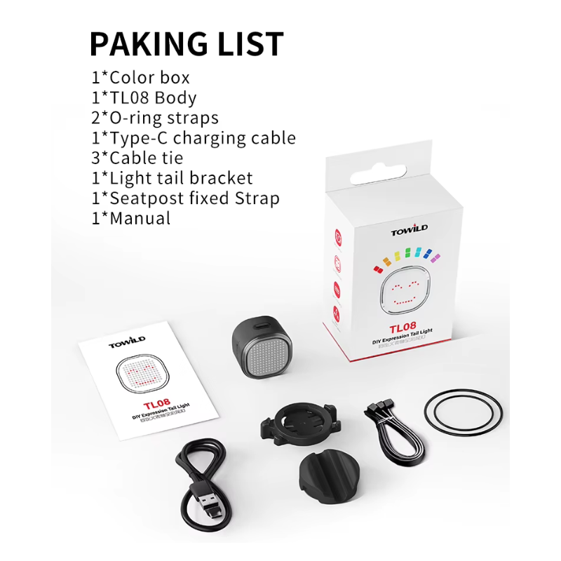 TOWILD TL08 Luz Trasera Bicicleta Inteligente con Patrones Personalizados y GIFs, USB-C Recargable, Sensor Freno, IPX6