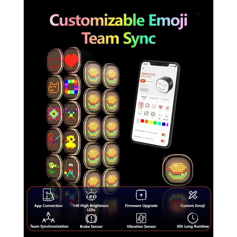 TOWILD TL08 Luz Trasera Bicicleta Inteligente con Patrones Personalizados y GIFs, USB-C Recargable, Sensor Freno, IPX6