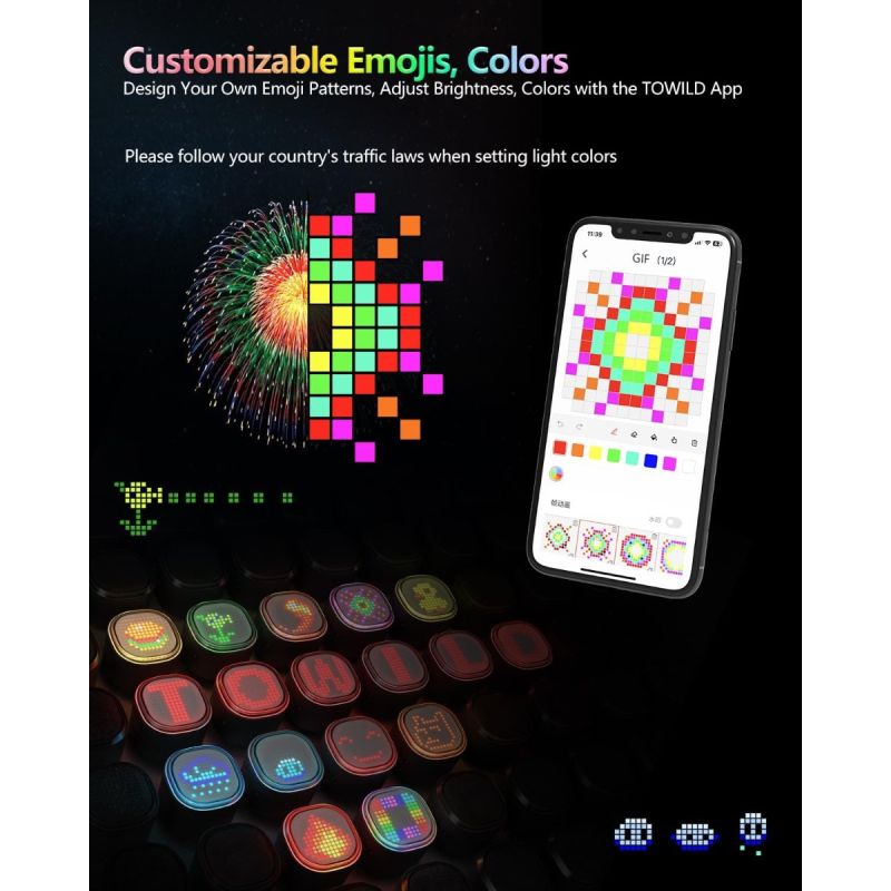 TOWILD TL08 Luz Trasera Bicicleta Inteligente con Patrones Personalizados y GIFs, USB-C Recargable, Sensor Freno, IPX6