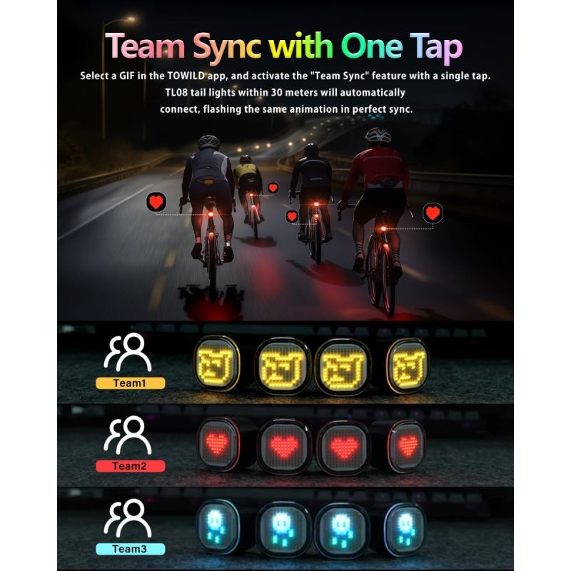 TOWILD TL08 Luz Trasera Bicicleta Inteligente con Patrones Personalizados y GIFs, USB-C Recargable, Sensor Freno, IPX6