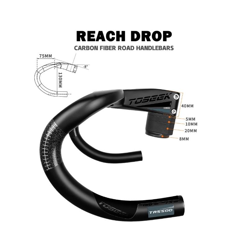 Manillar bicicleta carretera TOSEEK TR5500 vástago fibra carbono completa diseño aerodinámico negro mate