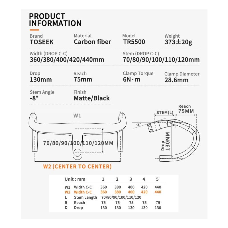 Manillar bicicleta carretera TOSEEK TR5500 vástago fibra carbono completa diseño aerodinámico negro mate