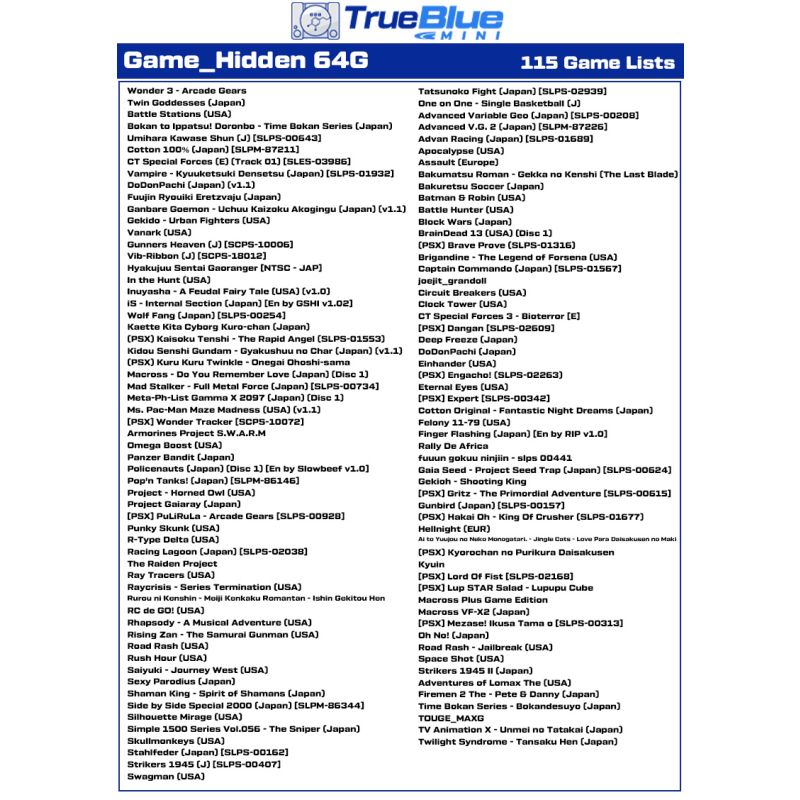 True Blue Mini Crackhead Pack 32G 64G para PlayStation Classic con títulos de PS1 y compatibilidad plug and play