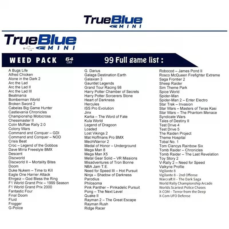 True Blue Mini Crackhead Pack 32G 64G para PlayStation Classic con títulos de PS1 y compatibilidad plug and play