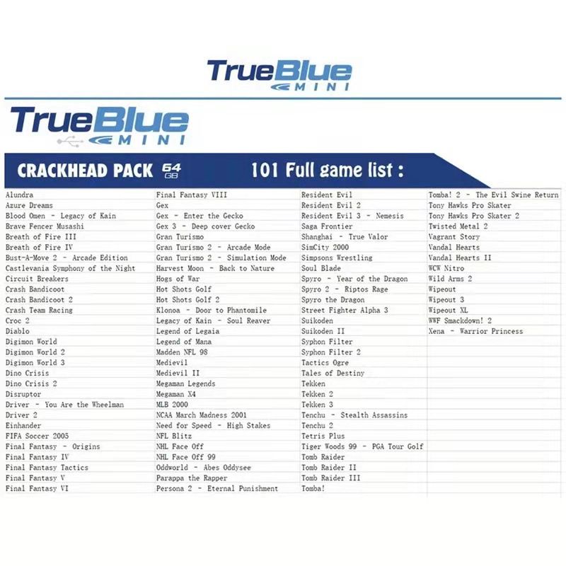 True Blue Mini Crackhead Pack 32G 64G para PlayStation Classic con títulos de PS1 y compatibilidad plug and play