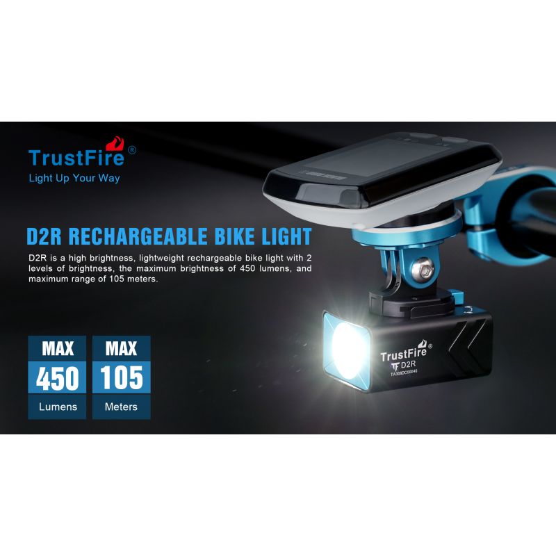 TrustFire D2R Luz Delantera de Bicicleta 450 Lúmenes IP66 Recargable Tipo C Impermeable y Ligera para Seguridad