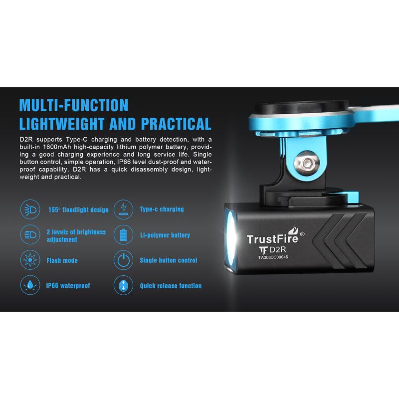 TrustFire D2R Luz Delantera de Bicicleta 450 Lúmenes IP66 Recargable Tipo C Impermeable y Ligera para Seguridad
