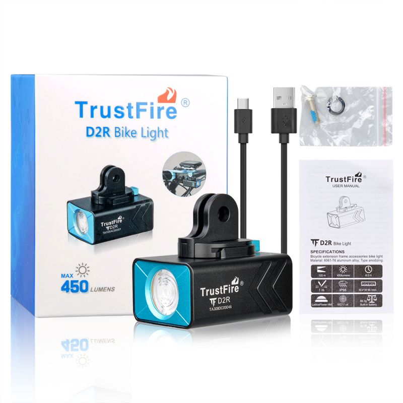 TrustFire D2R Luz Delantera de Bicicleta 450 Lúmenes IP66 Recargable Tipo C Impermeable y Ligera para Seguridad