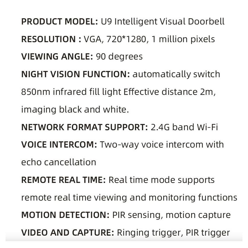 U9 Videoportero Inalámbrico IP65 con Batería de Larga Duración, Cámara Seguridad WIFI y Audio Bidireccional HD