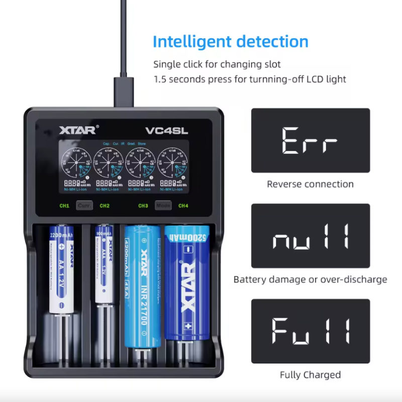 XTAR VC4SL Cargador de Baterías 18650 21700 USB C con Carga Rápida QC3.0 y Compatibilidad Versátil