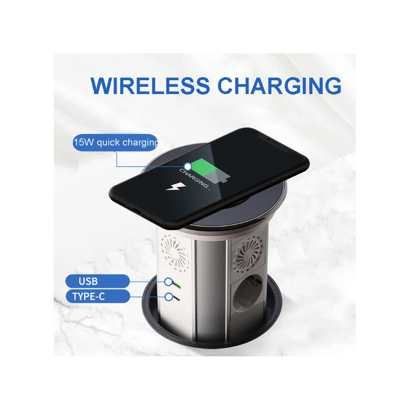 Enchufes Eléctricos de Elevación con Salida Retráctil Motorizada y Carga Inalámbrica USB Diseño Moderno