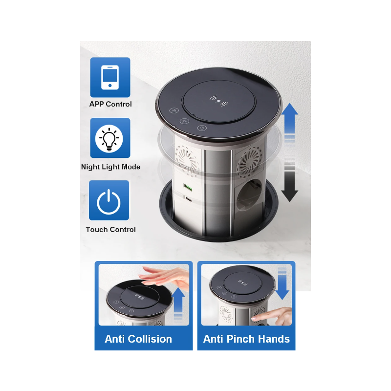 Enchufes Eléctricos de Elevación con Salida Retráctil Motorizada y Carga Inalámbrica USB Diseño Moderno